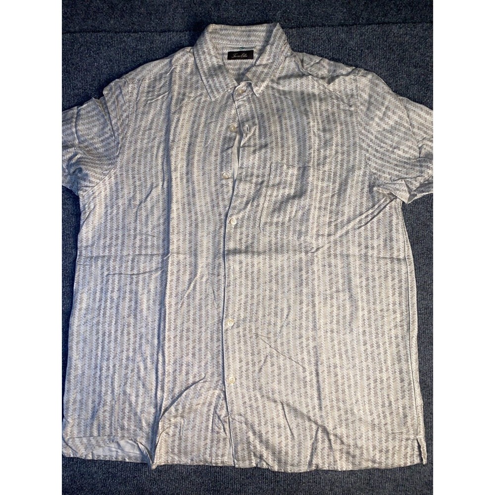 Tasso Elba Shirt Men XL Beige Herringbone Silk Slit Midweight Pocket Button Down
